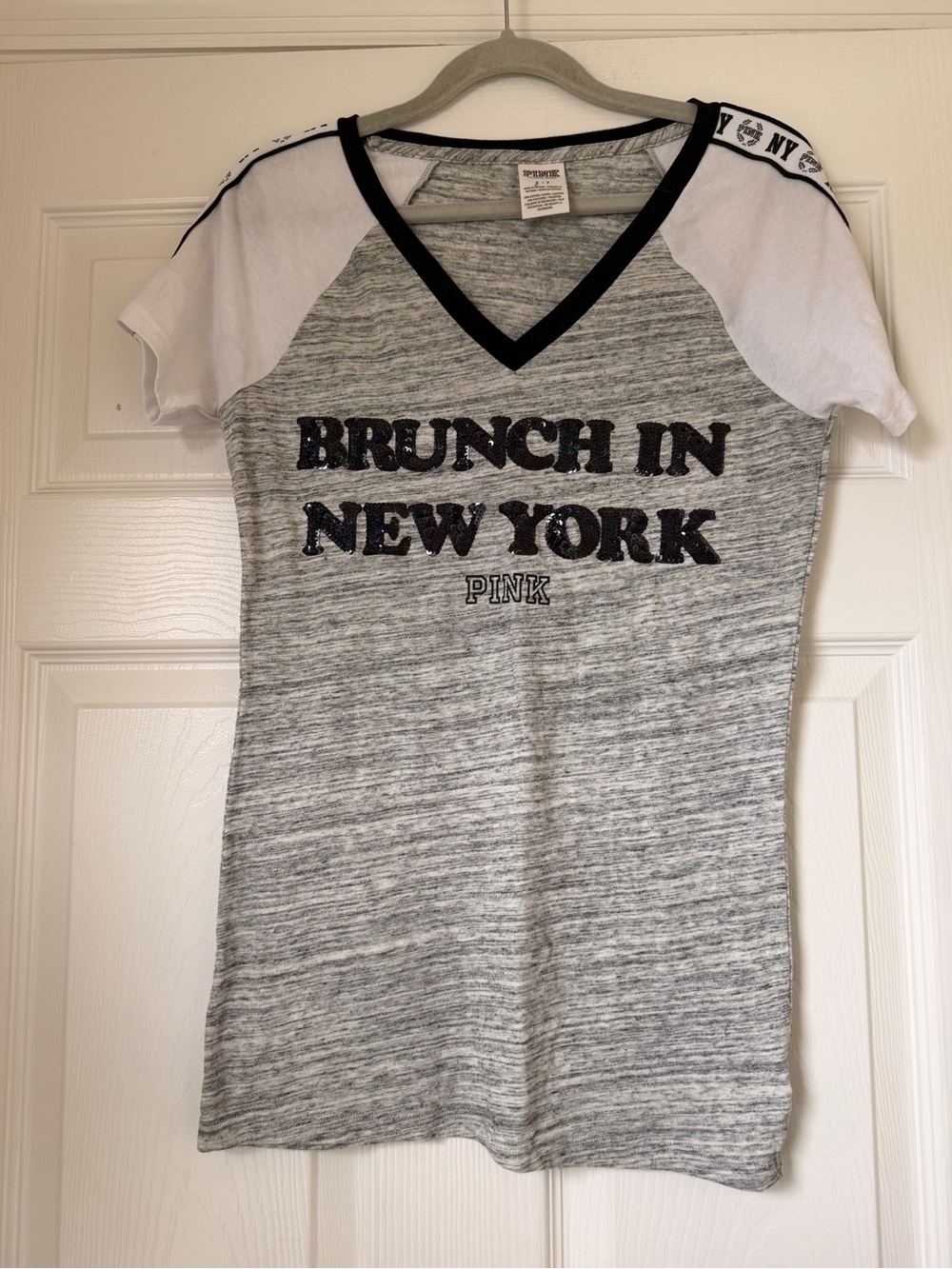 PINK Victoria's Secret Gray and White Raglan V-Neck Tee - "Brunch in New York"